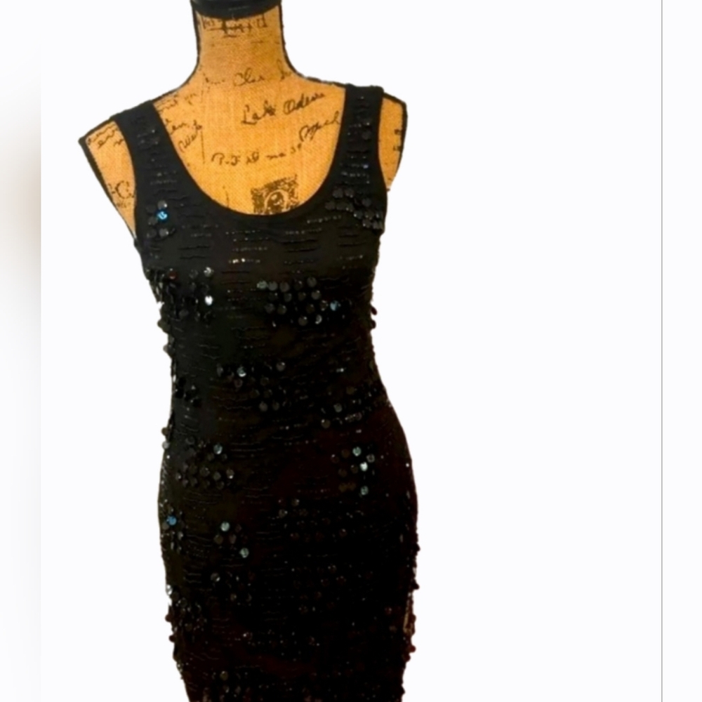 Eci New York Black Fitted Sleeveless Sequin Bead Cocktail Sz 2 Dress Gown Party